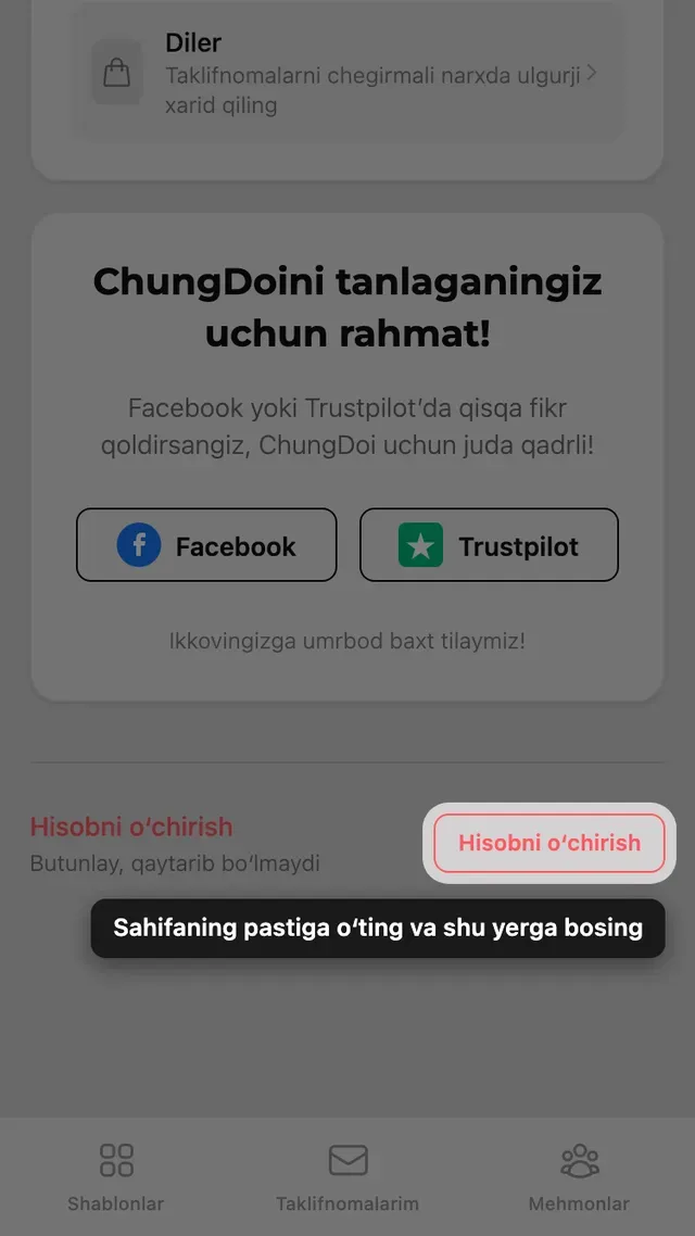 Hisob sahifasi pastidagi Hisobni oʻchirish tugmasi