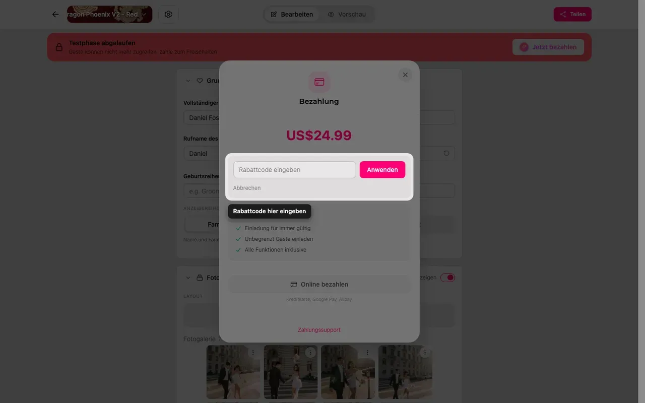 Das Feld für den Rabattcode im Zahlungsfenster