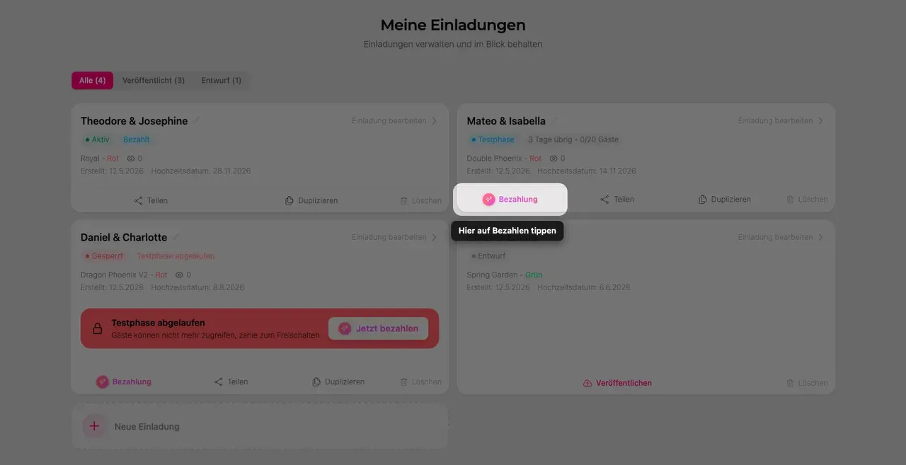 Die Bezahlen-Schaltfläche auf einer Einladungskarte der Seite Meine Einladungen