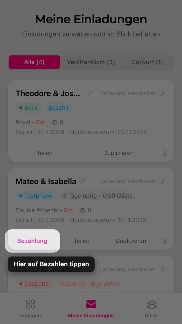 Die Bezahlen-Schaltfläche auf einer Einladungskarte der Seite Meine Einladungen