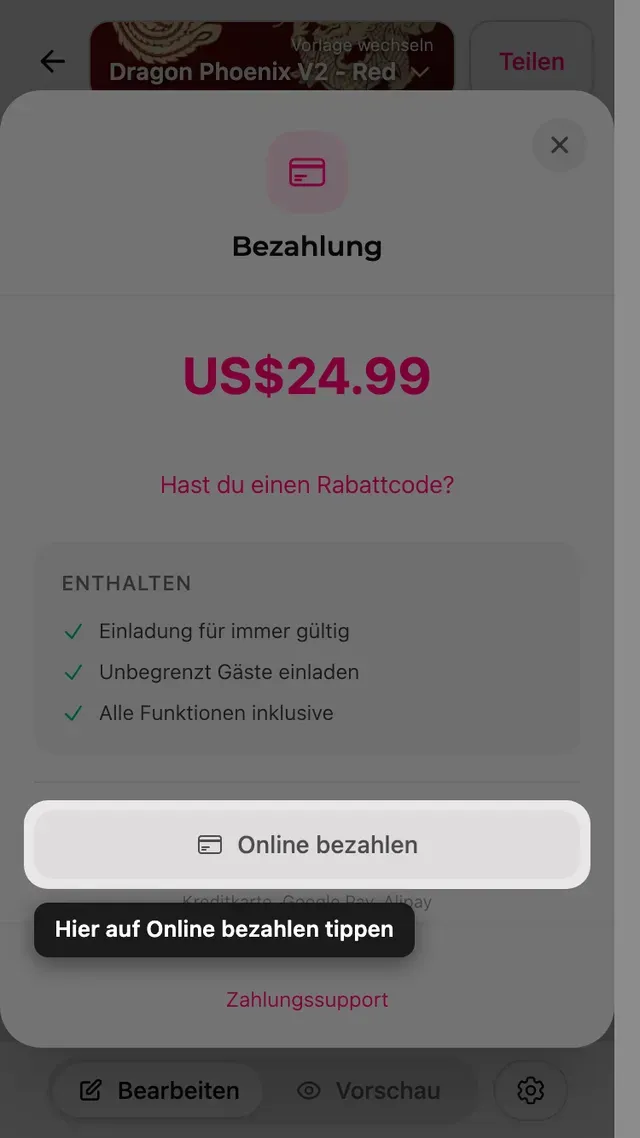 Die Online-Bezahlen-Schaltfläche im Zahlungsfenster
