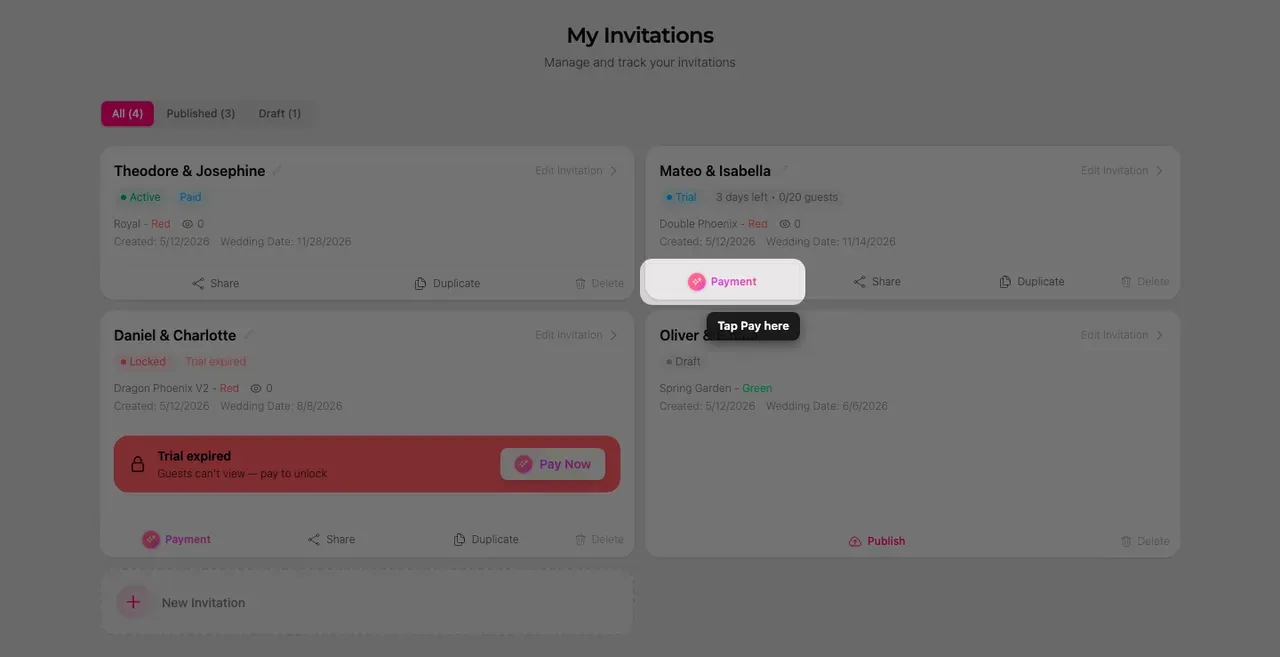 An invitation card on the My Invitations page