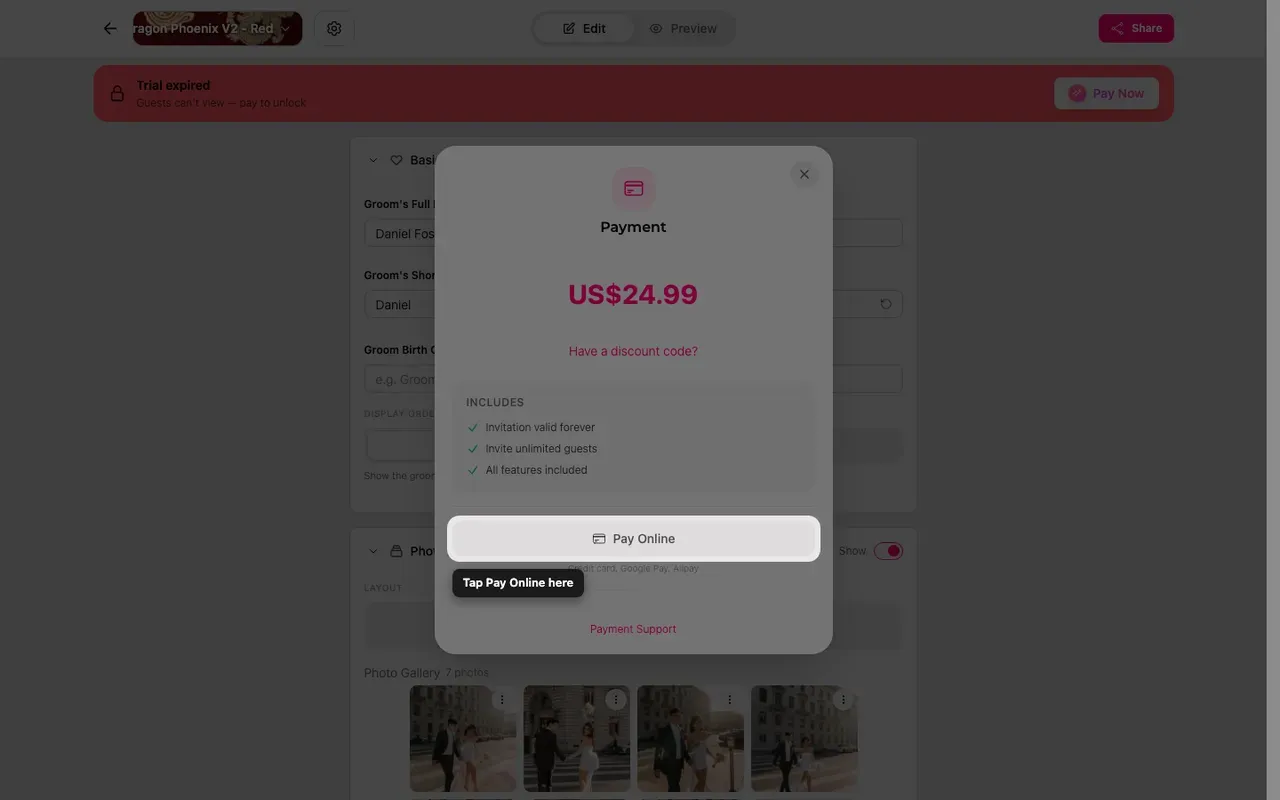 The pay online button on the payment screen