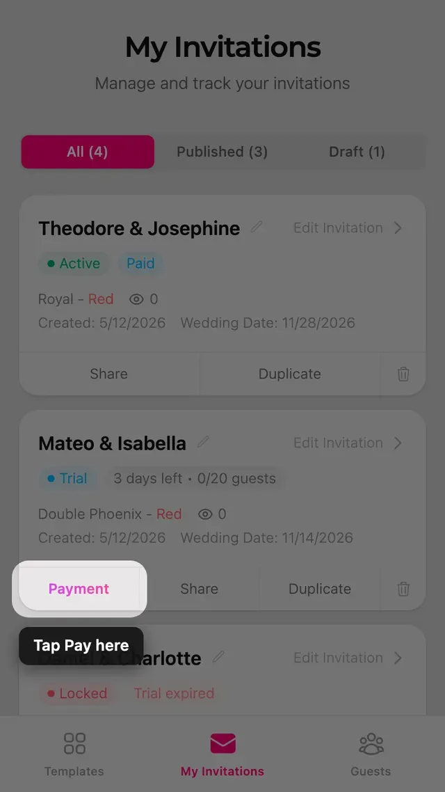 An invitation card on the My Invitations page
