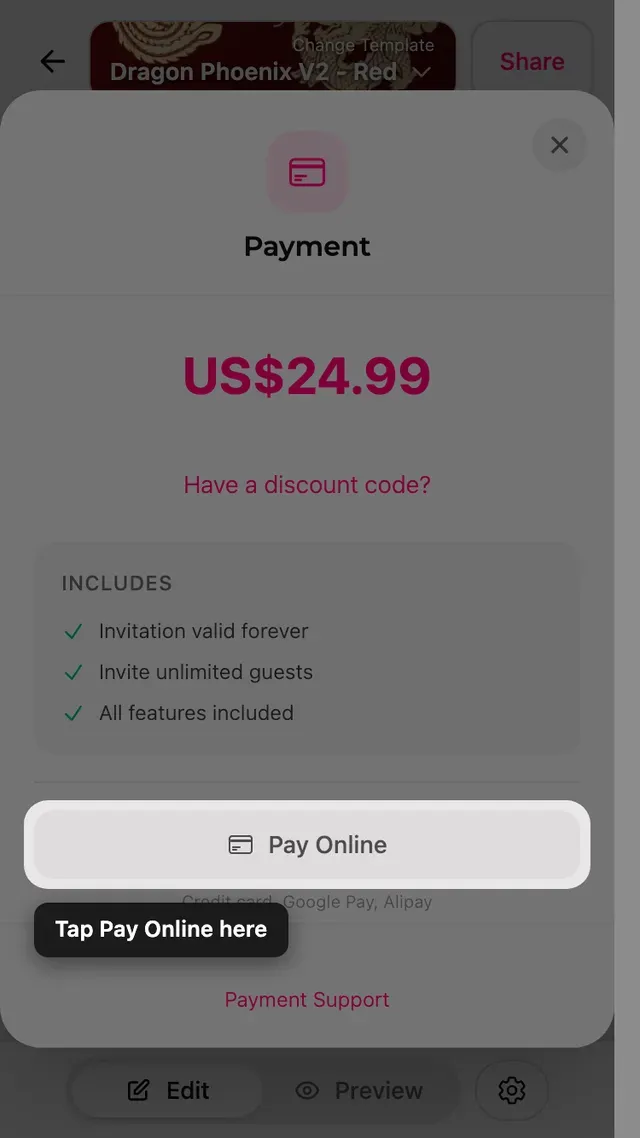 The pay online button on the payment screen