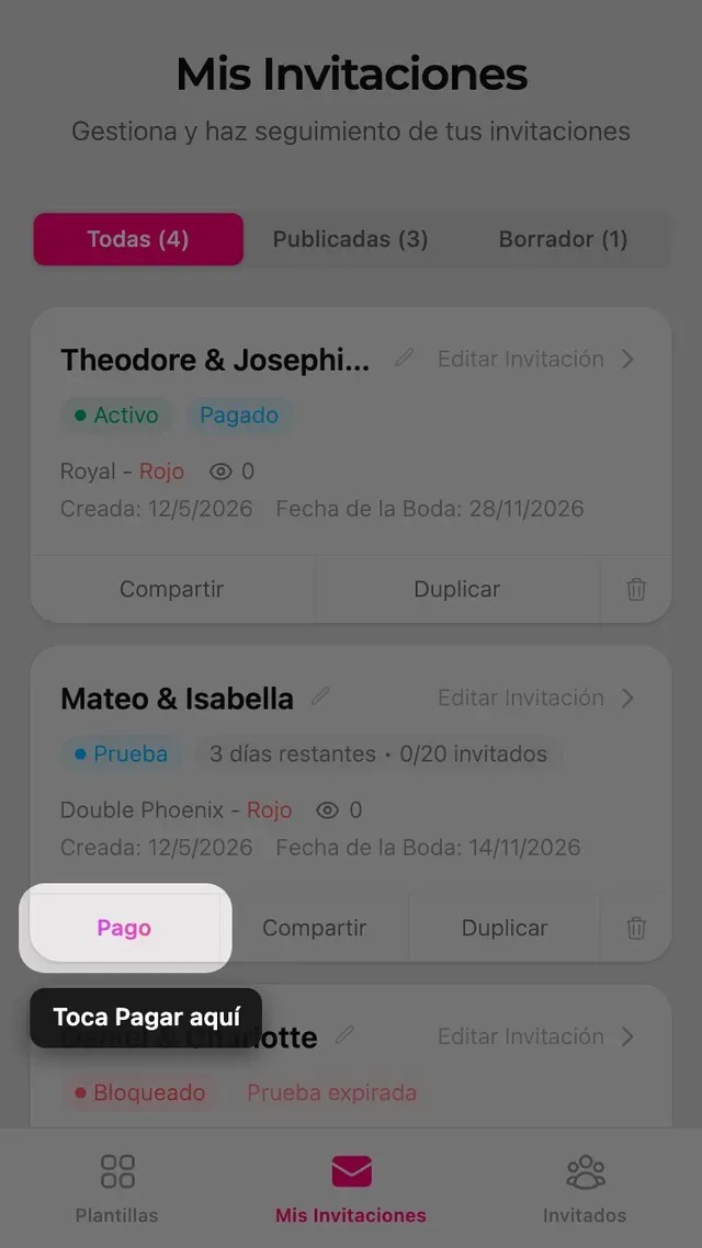 El botón Pagar en una tarjeta de invitación de la página Mis invitaciones