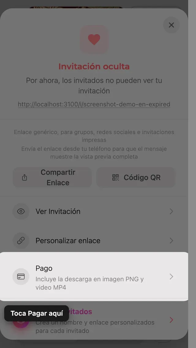 La opción de pago en el panel Compartir