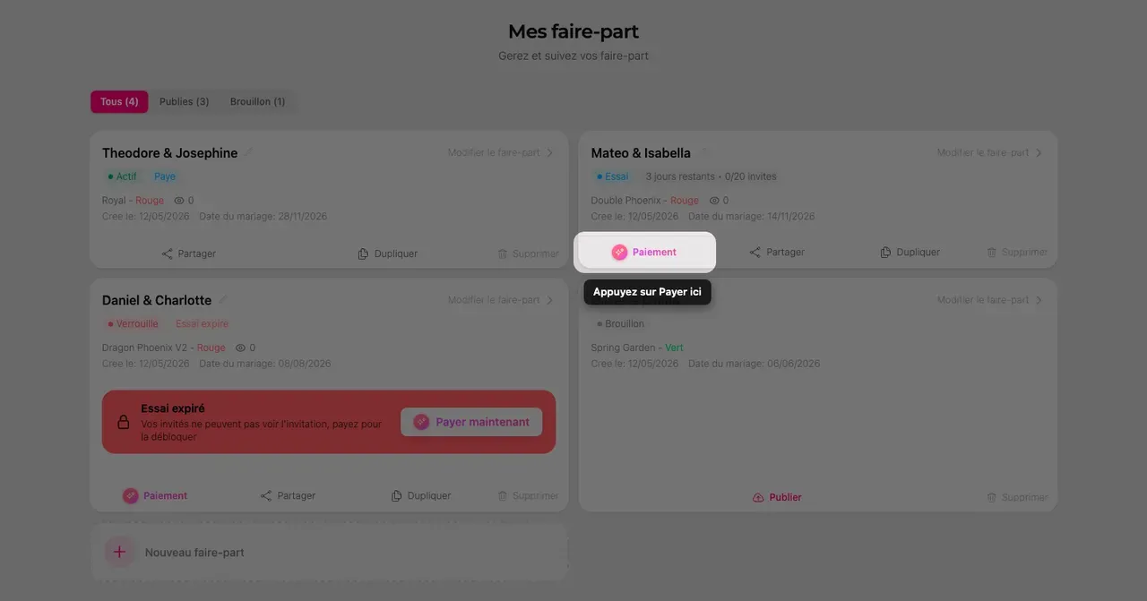 Le bouton Payer sur une carte de faire-part de la page Mes faire-part