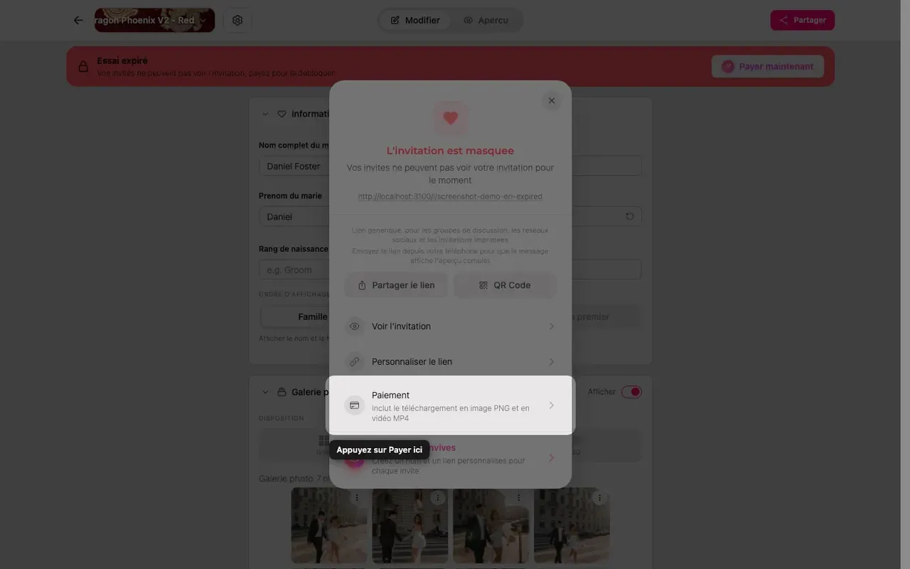 L'option de paiement dans le panneau Partager