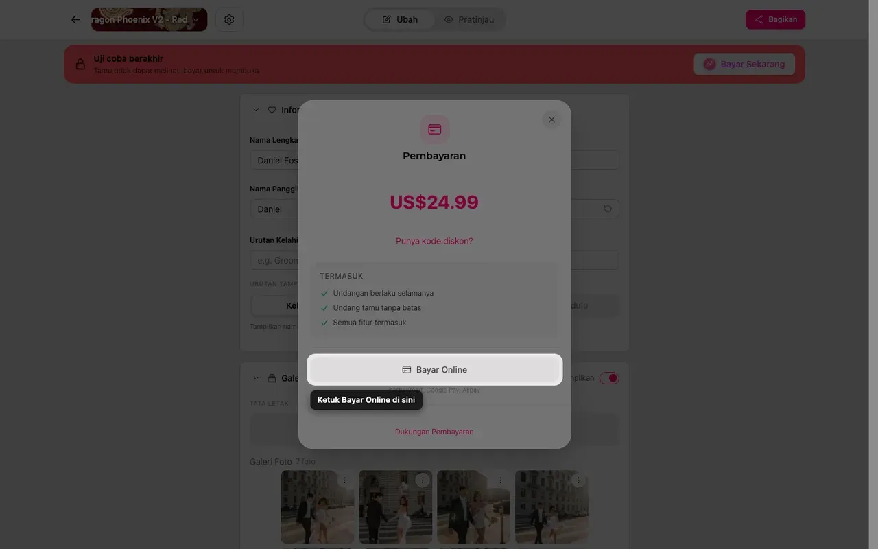 Tombol bayar online di layar pembayaran