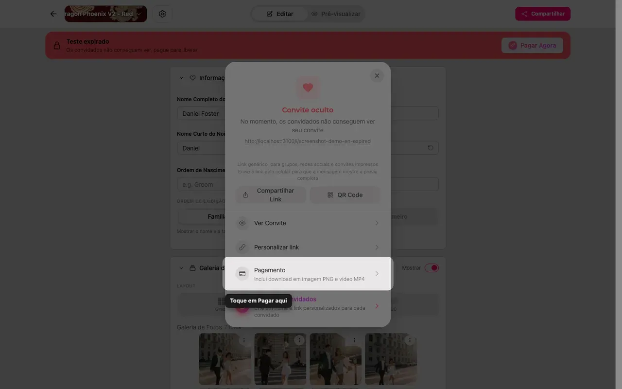 A opção de pagamento no painel Compartilhar