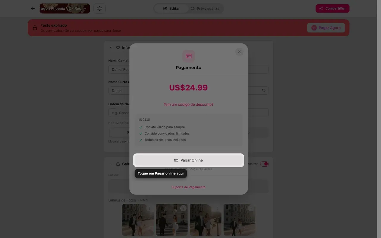 O botão de pagar online na tela de pagamento
