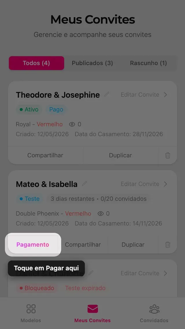 Um cartão de convite na página Meus convites