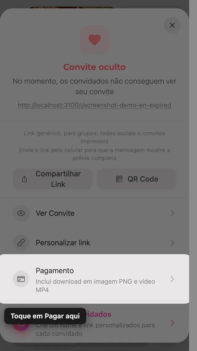 A opção de pagamento no painel Compartilhar