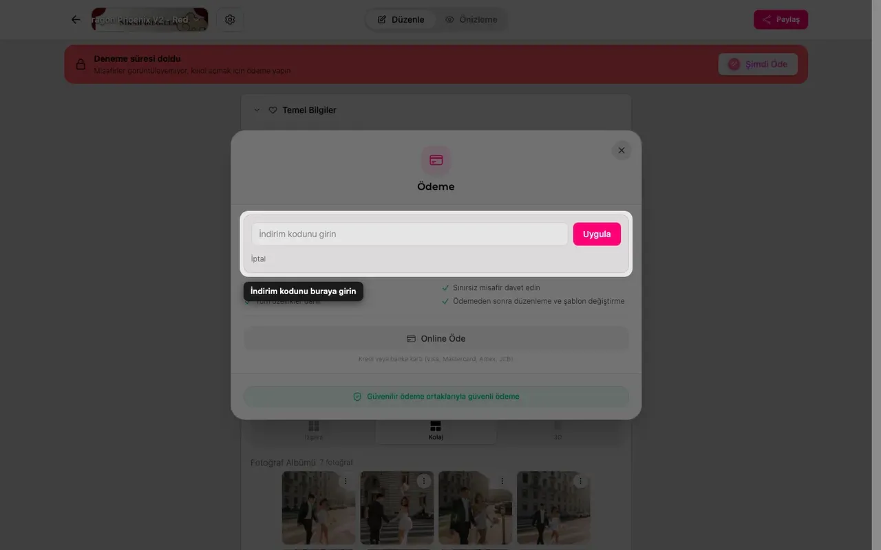 Ödeme ekranındaki indirim kodu alanı