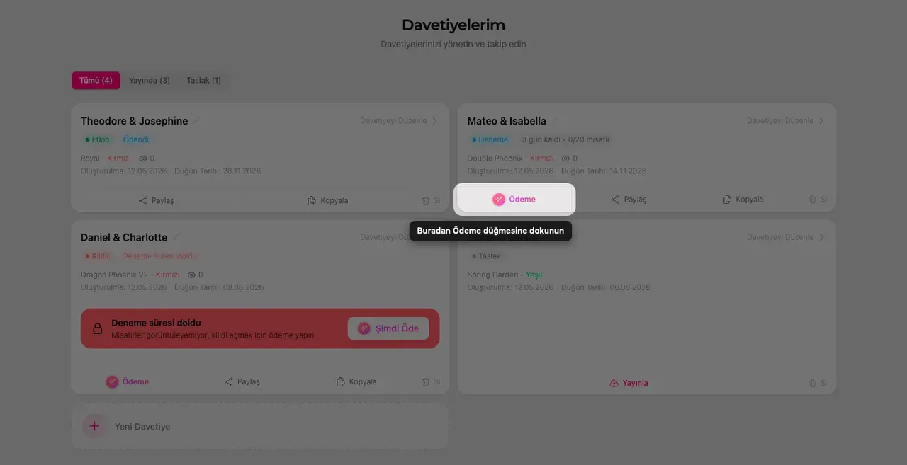 Davetiyelerim sayfasındaki bir davetiye kartı
