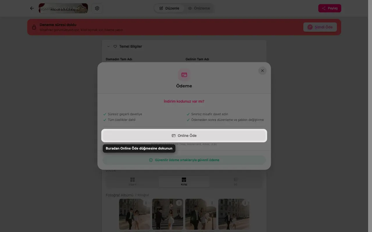 Ödeme ekranındaki online ödeme düğmesi