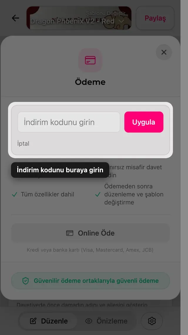 Ödeme ekranındaki indirim kodu alanı