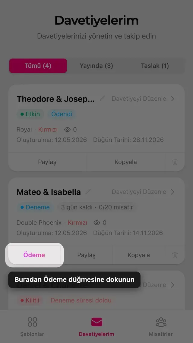 Davetiyelerim sayfasındaki bir davetiye kartı