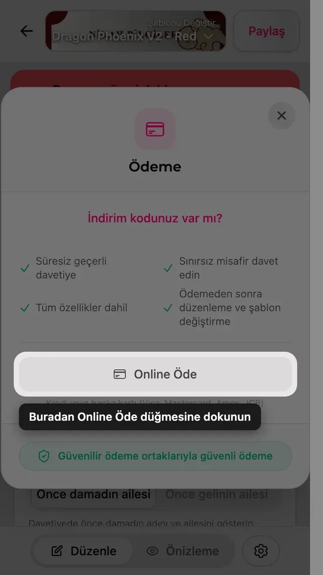 Ödeme ekranındaki online ödeme düğmesi