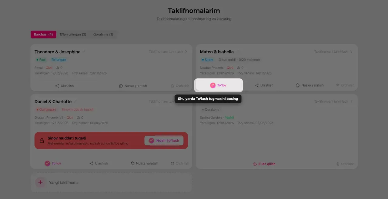 Mening taklifnomalarim sahifasidagi taklifnoma kartochkasida Toʻlov tugmasi
