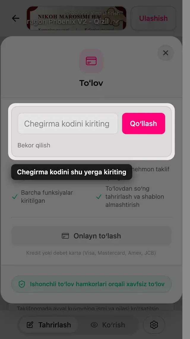 Toʻlov oynasidagi chegirma kodi maydoni