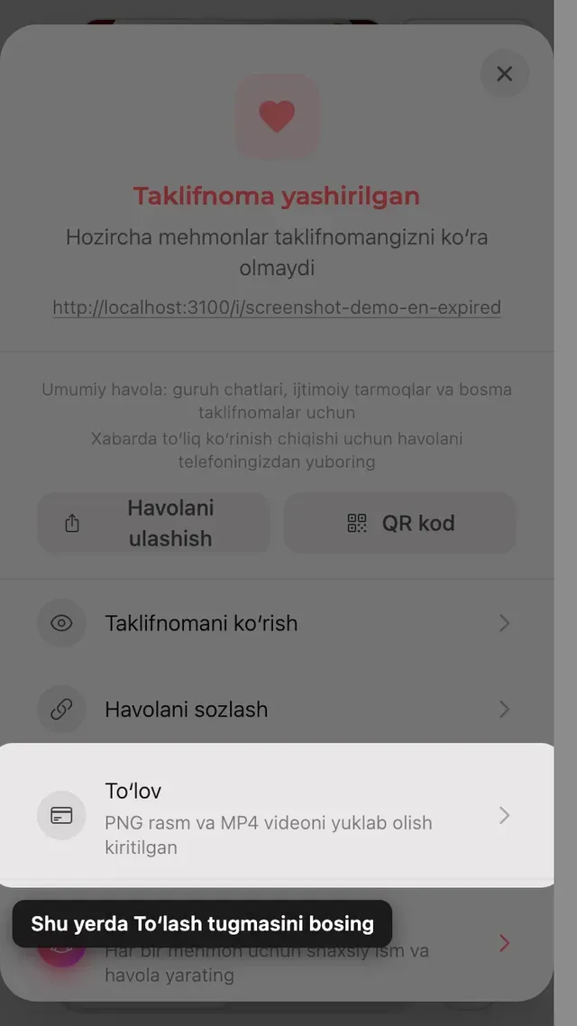 Ulashish panelidagi toʻlov varianti