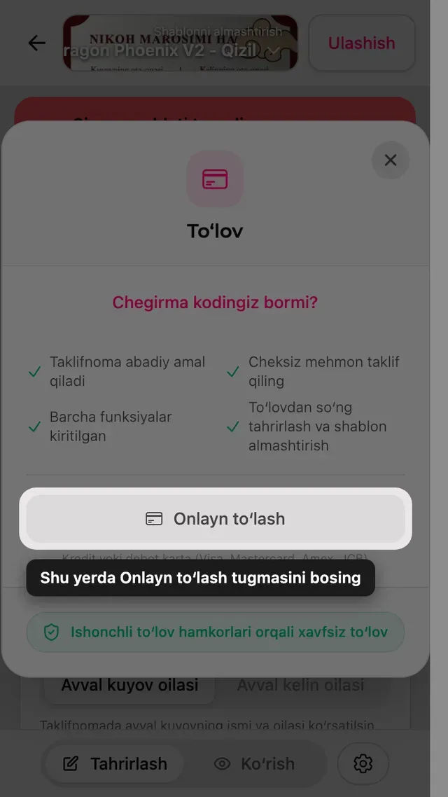 Toʻlov oynasidagi onlayn toʻlash tugmasi