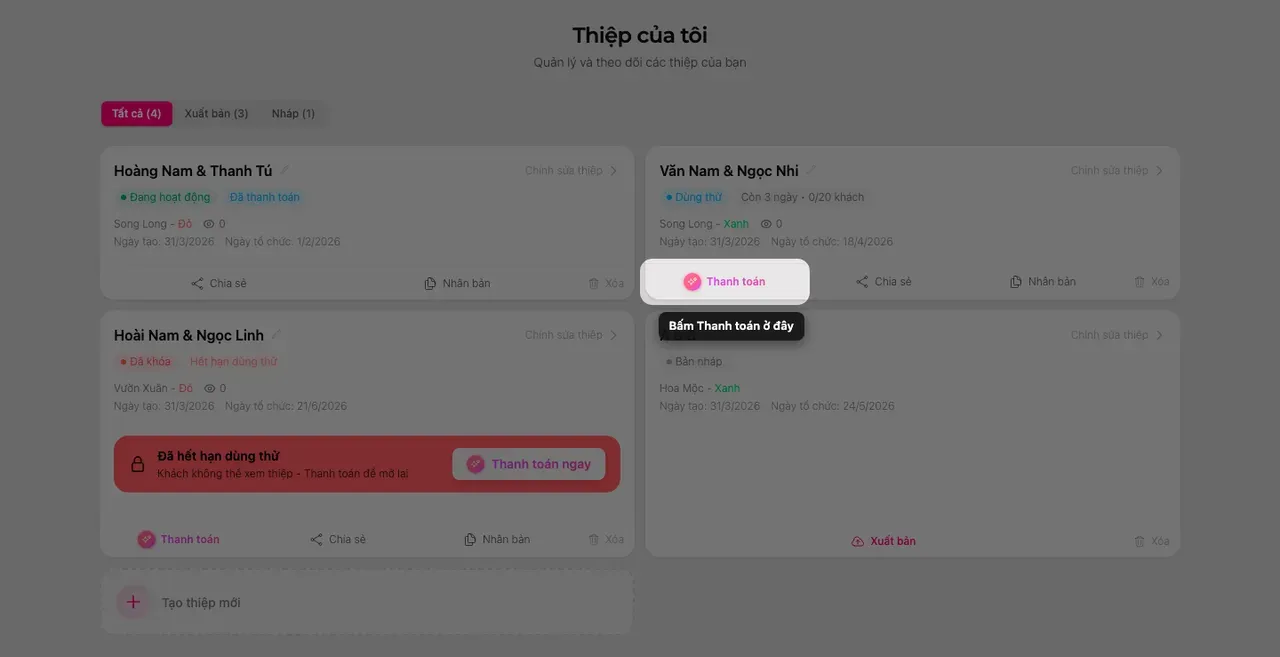 Thẻ thiệp ở trang Thiệp của tôi