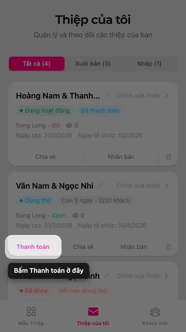 Thẻ thiệp ở trang Thiệp của tôi