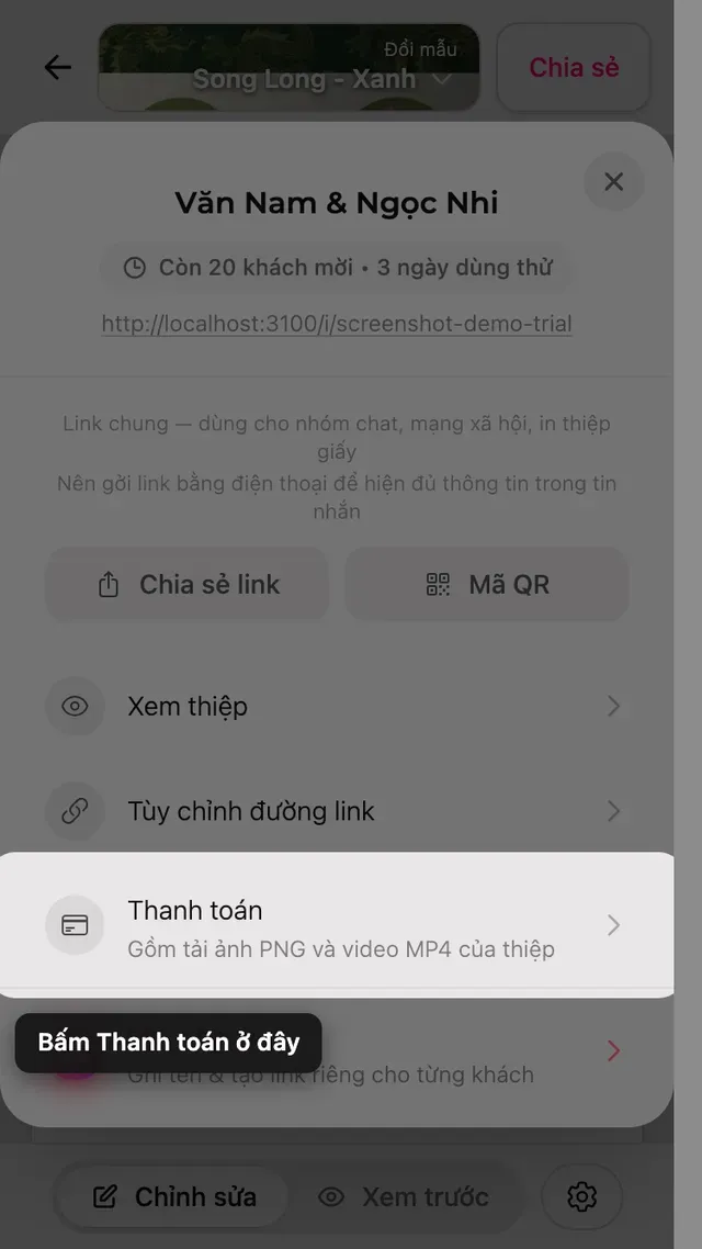 Tùy chọn thanh toán trong bảng Chia sẻ