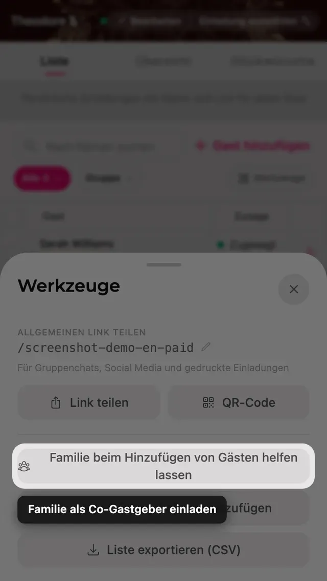 Die Schaltfläche Familie um Hilfe bitten im Werkzeuge-Bereich