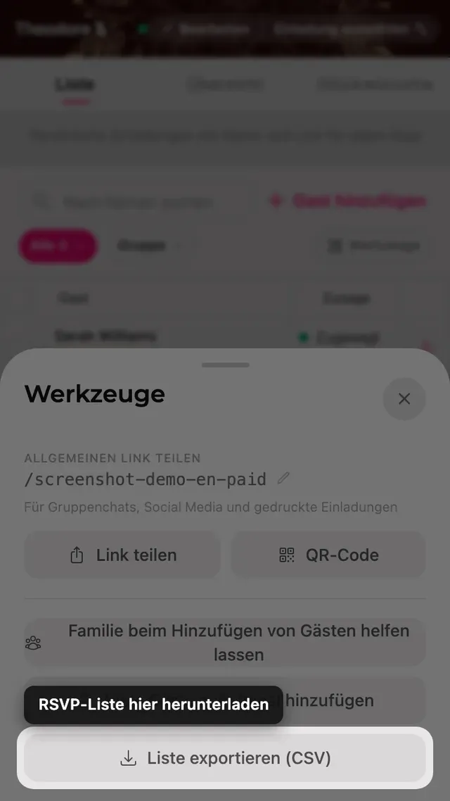 Die Schaltfläche Liste exportieren im Werkzeuge-Bereich