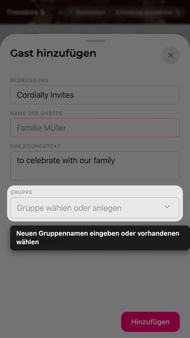 Das Feld Gruppe im Gastformular, mit Auswahl vorhandener und neuer Gruppen