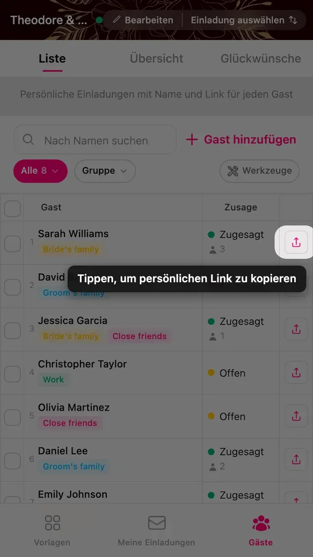 Die Schaltfläche zum Kopieren des persönlichen Links in der Zeile eines Gastes