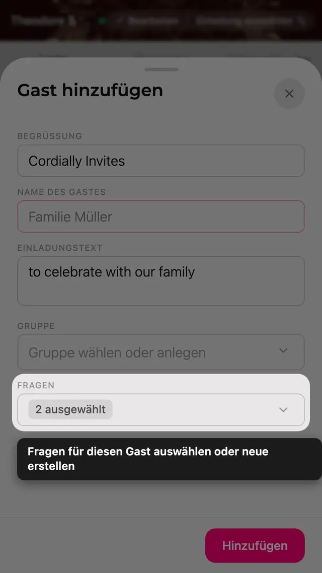 Das Feld Fragen im Gastformular, mit Auswahl der RSVP-Fragen