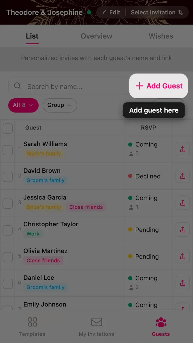 The Add Guest button at the top of the guest list