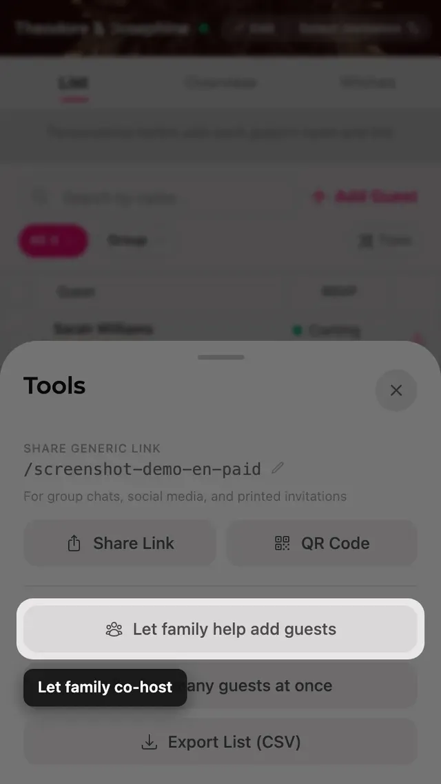 The invite family to help button inside the Tools sheet