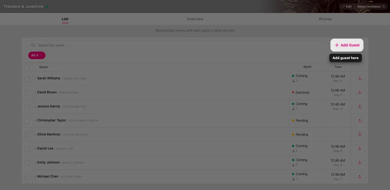 The Add Guest button at the top of the guest list
