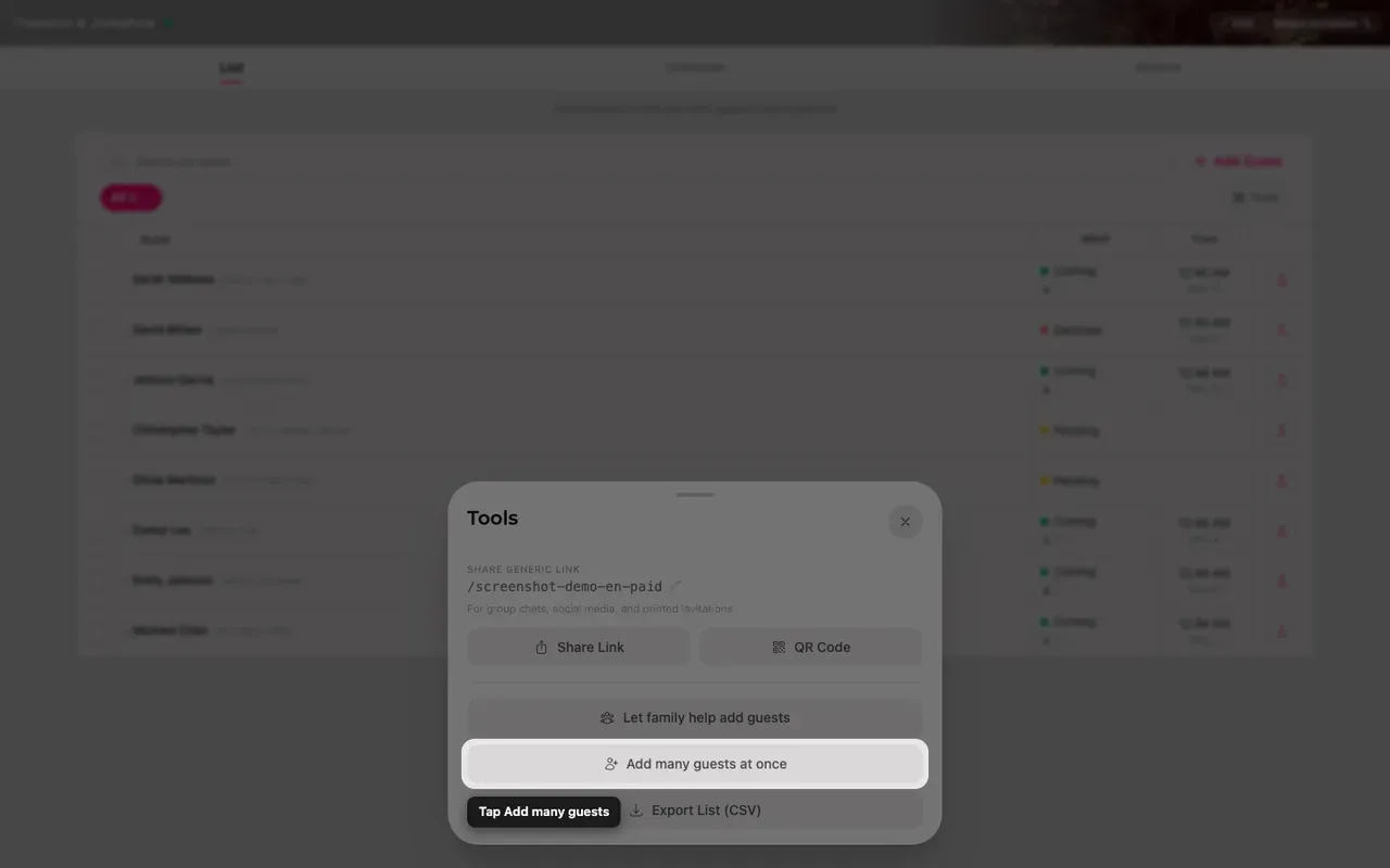 The Add many guests button inside the Tools sheet