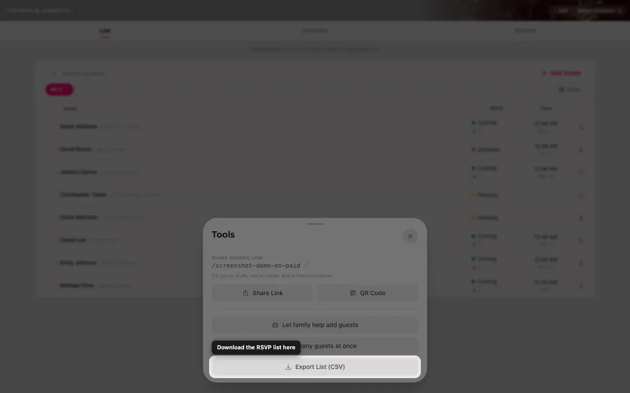 The export list button inside the Tools sheet