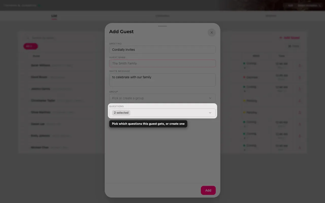 The questions field in the guest form, with a picker for RSVP questions