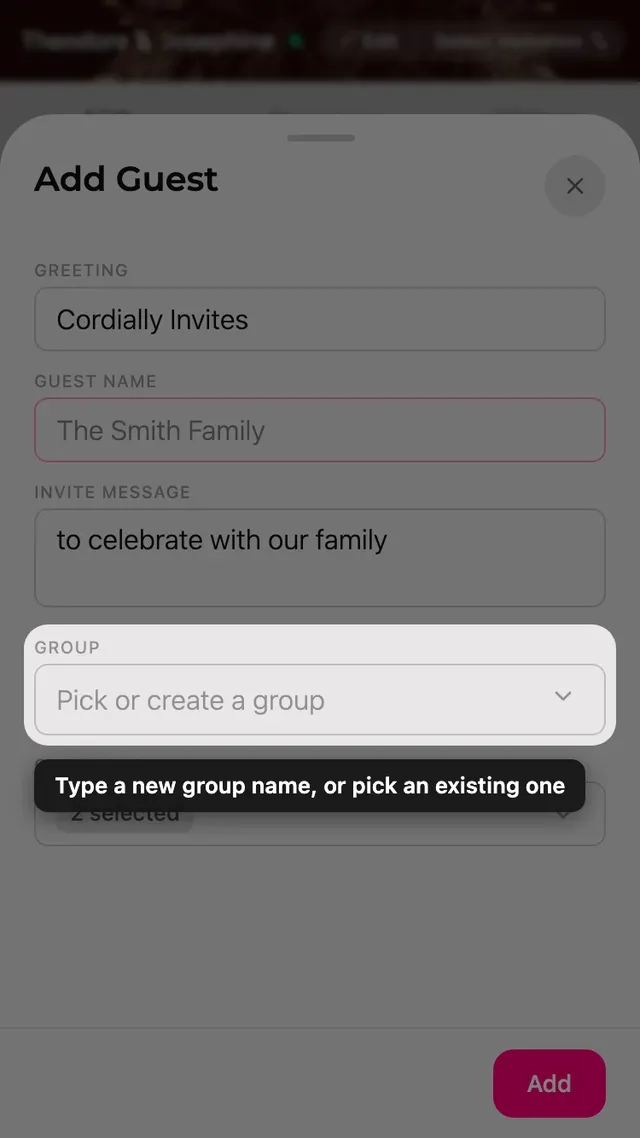 The group field in the guest form, with a picker for existing and new groups