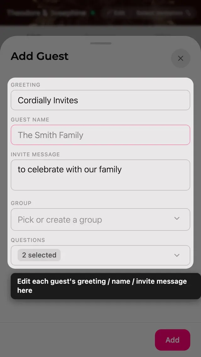 The guest form with the invite line, name, message, group and questions fields