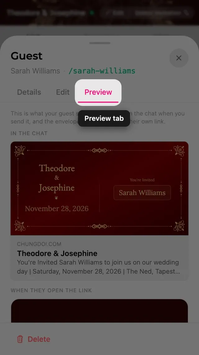 The preview tab of a guest sheet, showing the link card and the envelope with the guest's name