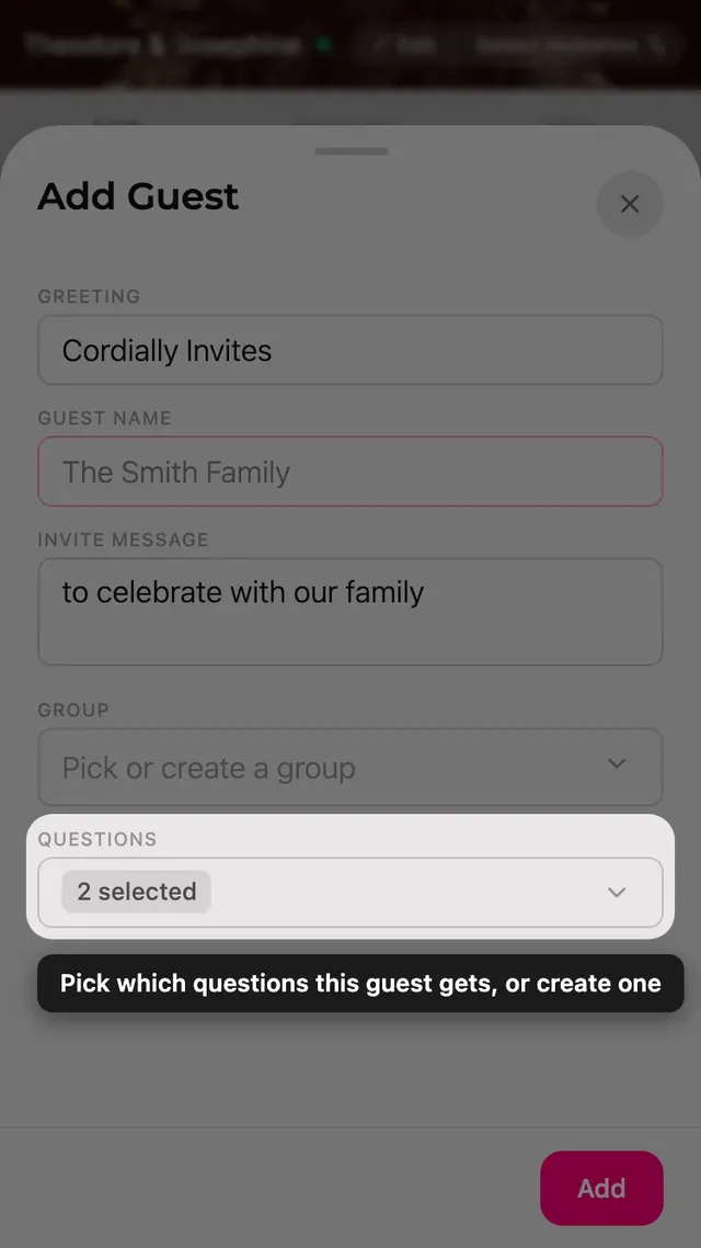 The questions field in the guest form, with a picker for RSVP questions