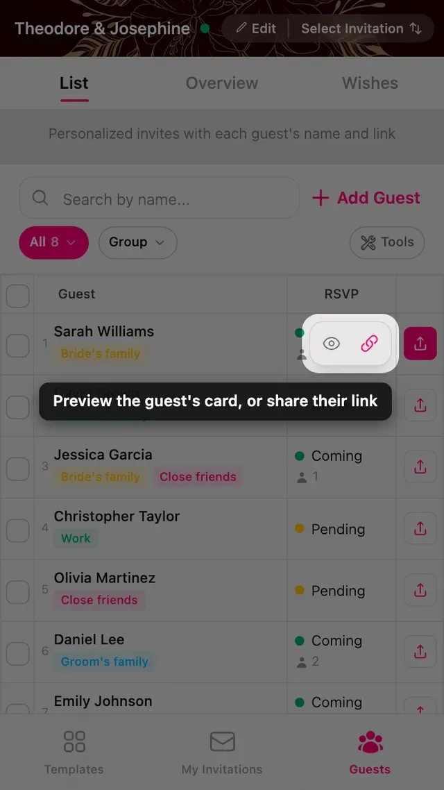 The preview and share actions on a guest row