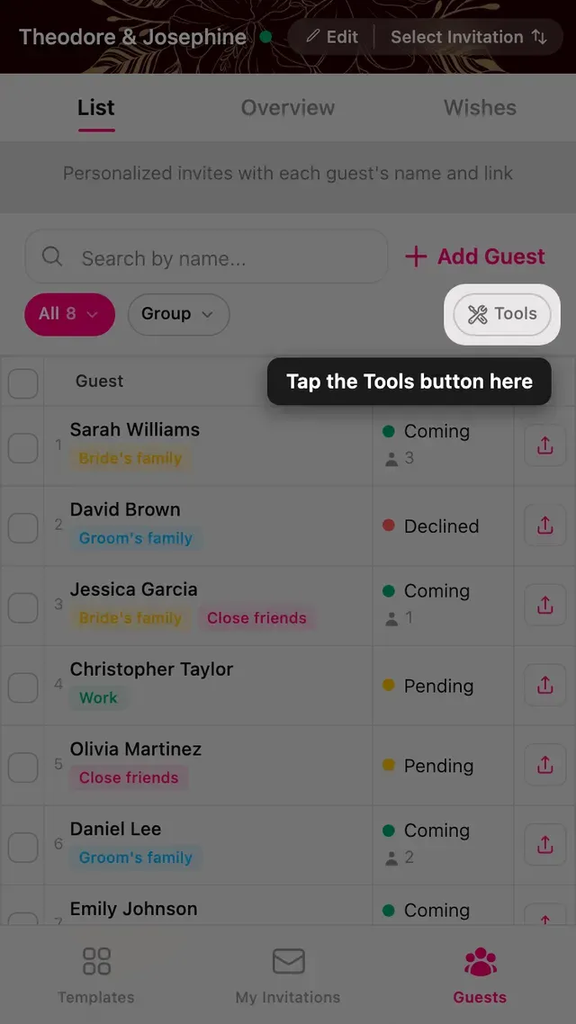 The Tools button at the end of the filter row in the guest manager