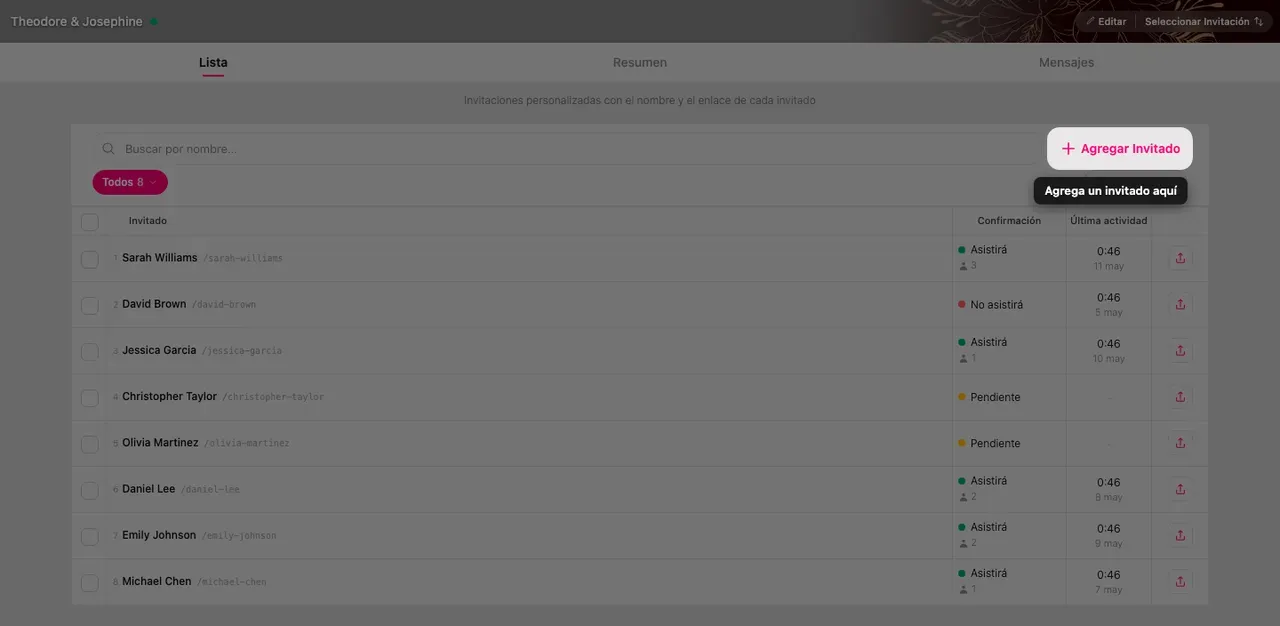 El botón Añadir invitado en la parte superior de la lista