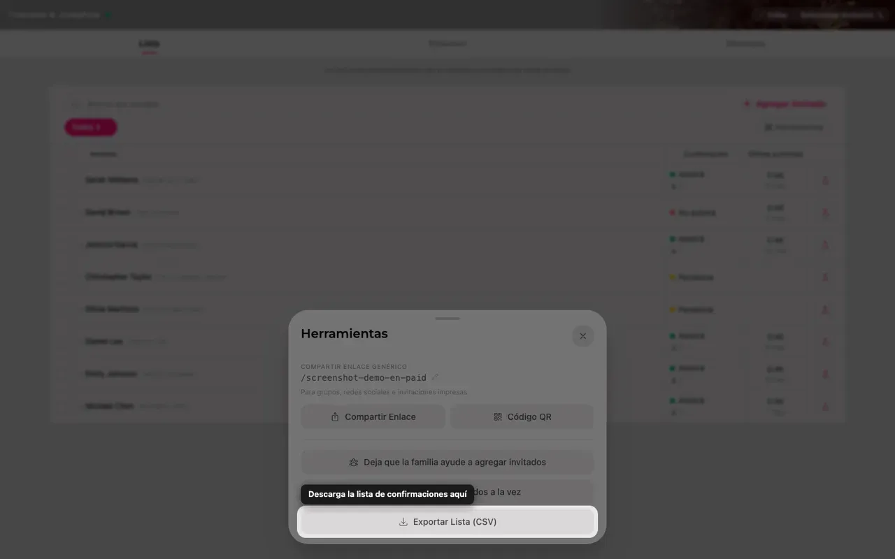 El botón exportar lista dentro del panel Herramientas